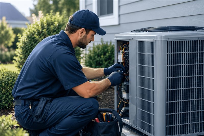Technician servicing a home air conditioning unit